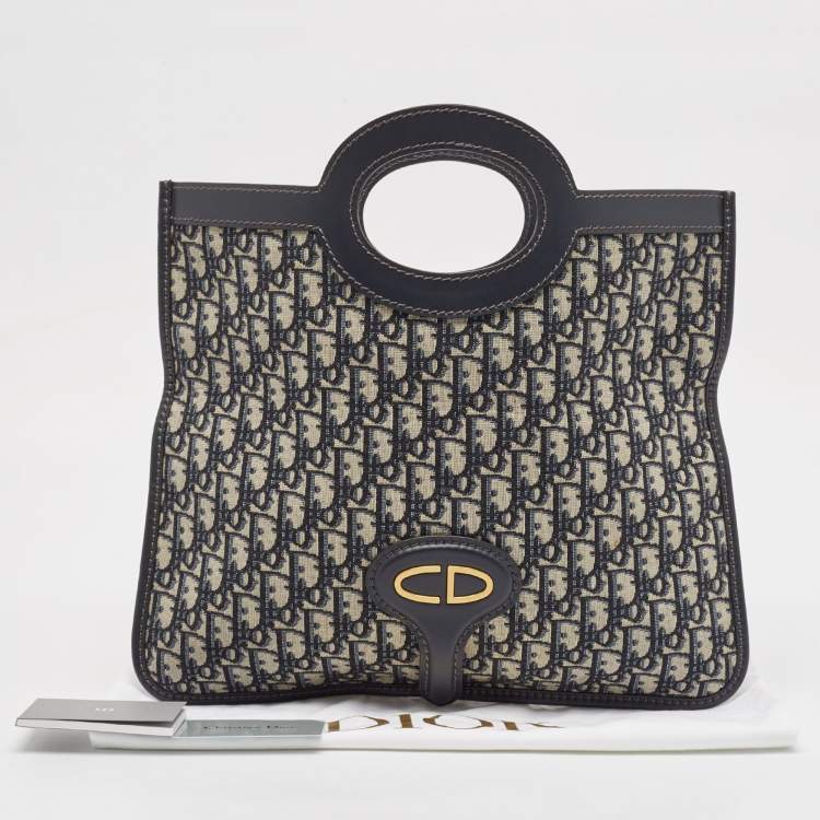 Pre Owned Dior Navy Blue Oblique Canvas and Leather Fold Over Clutch