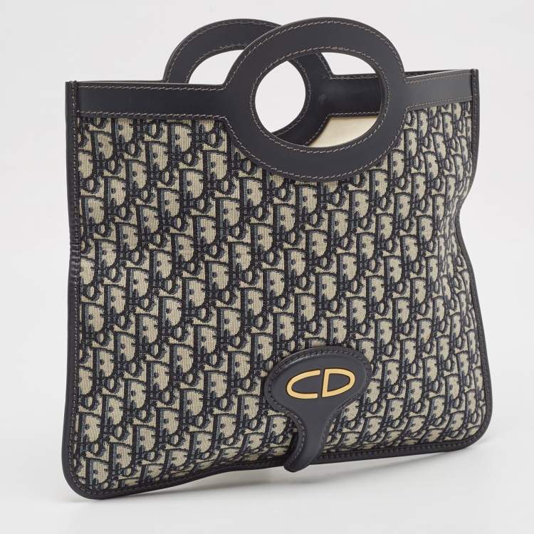 Pre Owned Dior Navy Blue Oblique Canvas and Leather Fold Over Clutch