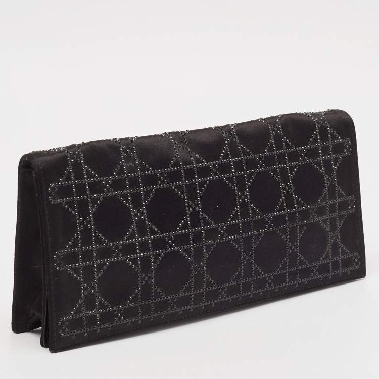 Pre Owned Dior Black Cannage Satin Crystal Embellished Flap Clutch
