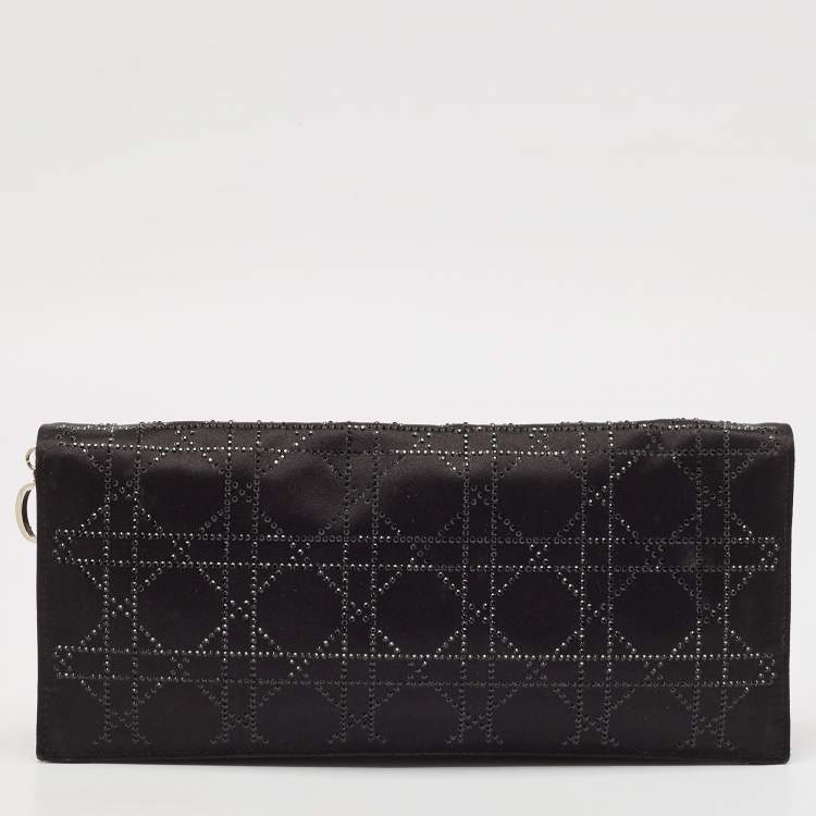 Pre Owned Dior Black Cannage Satin Crystal Embellished Flap Clutch