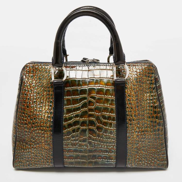 Pre Owned Dior Green/Black Crocodile Saddle Boston Bag