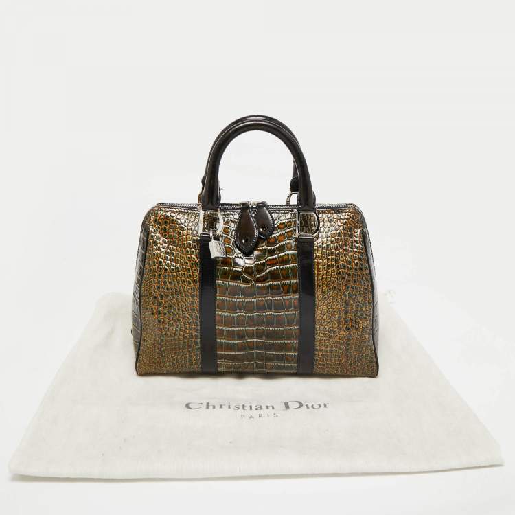 Pre Owned Dior Green/Black Crocodile Saddle Boston Bag