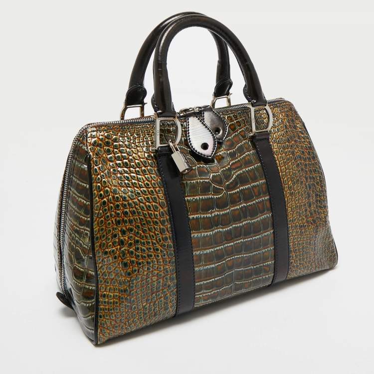Pre Owned Dior Green/Black Crocodile Saddle Boston Bag