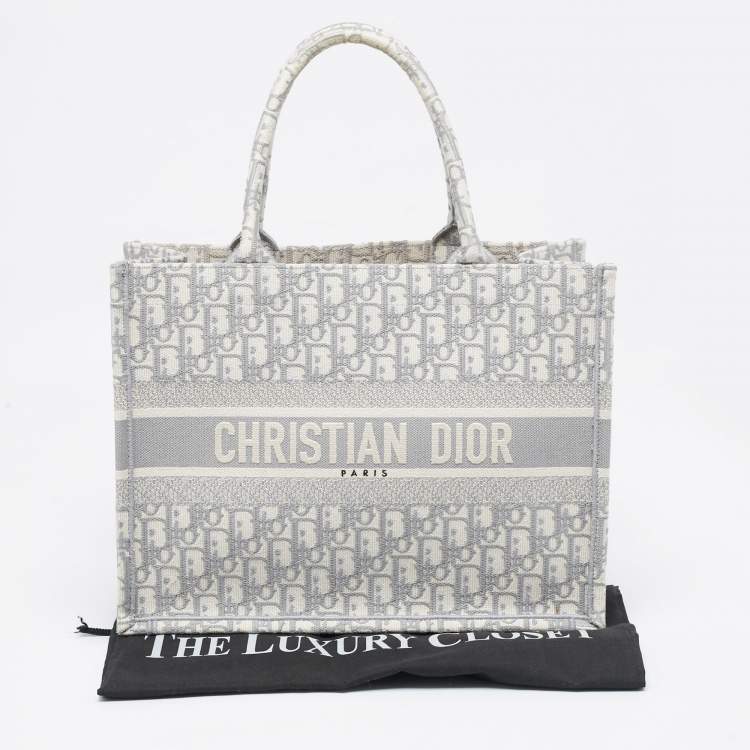 Pre Owned Dior Grey Oblique Embroidered Canvas Medium Book Tote