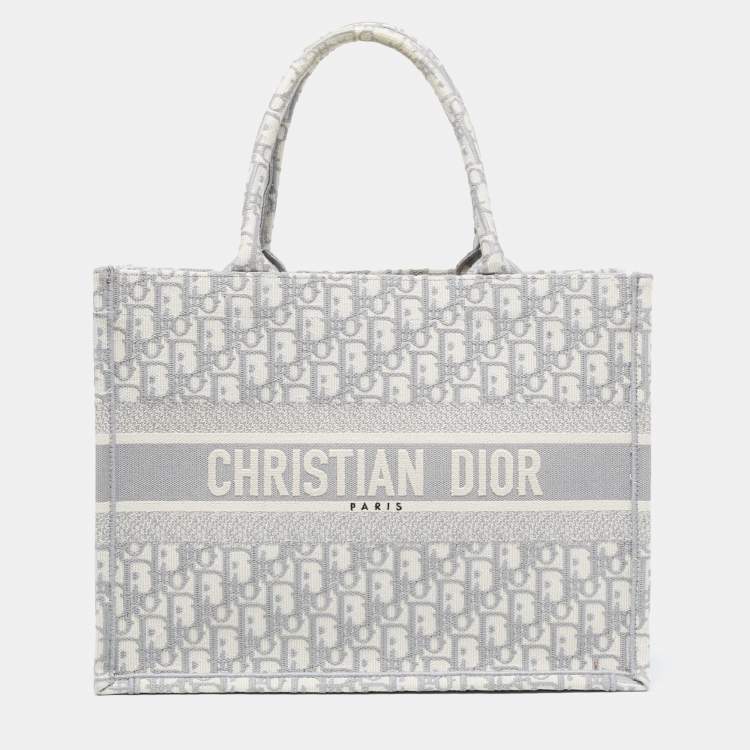 Pre Owned Dior Grey Oblique Embroidered Canvas Medium Book Tote