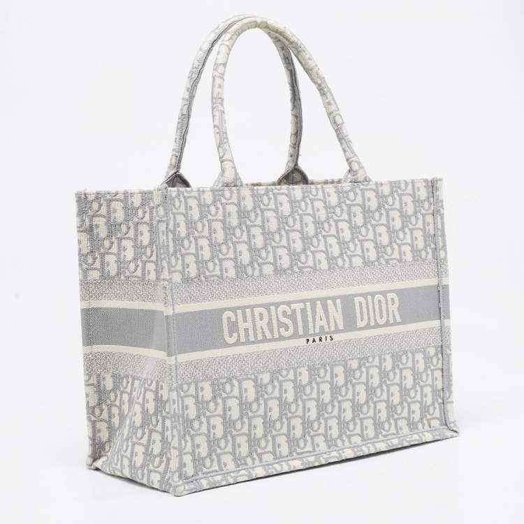 Pre Owned Dior Grey Oblique Embroidered Canvas Medium Book Tote