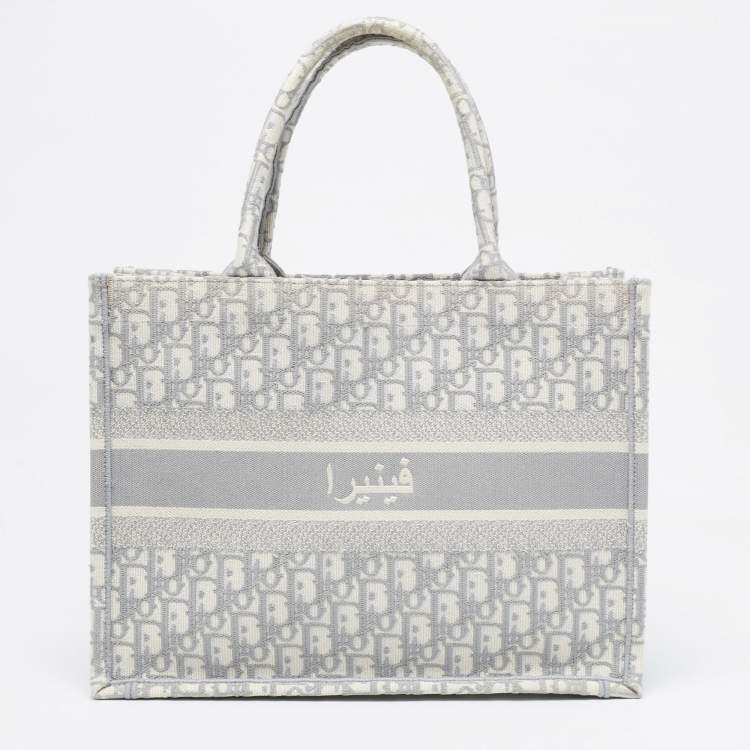 Pre Owned Dior Grey Oblique Embroidered Canvas Medium Book Tote