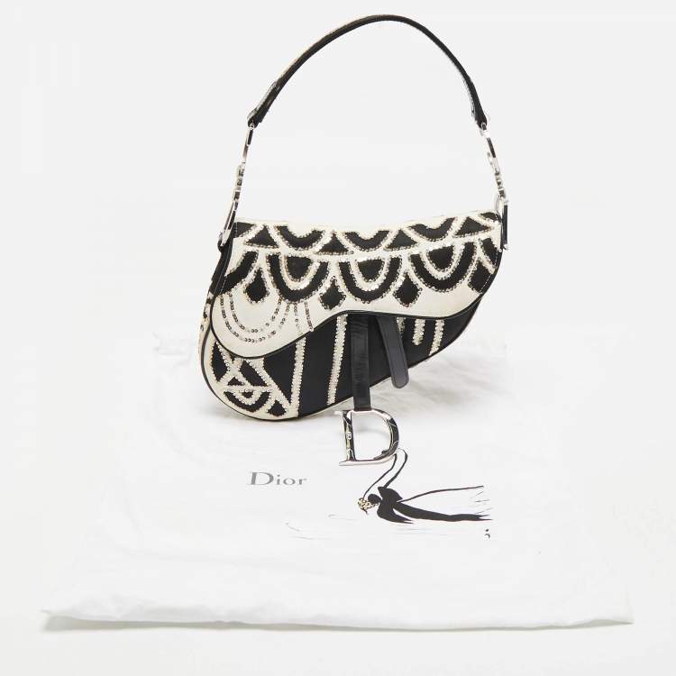 Pre Owned Dior Black/White Fabric and Sequins Saddle Bag