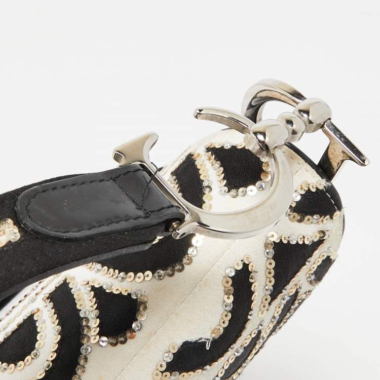 Pre Owned Dior Black/White Fabric and Sequins Saddle Bag