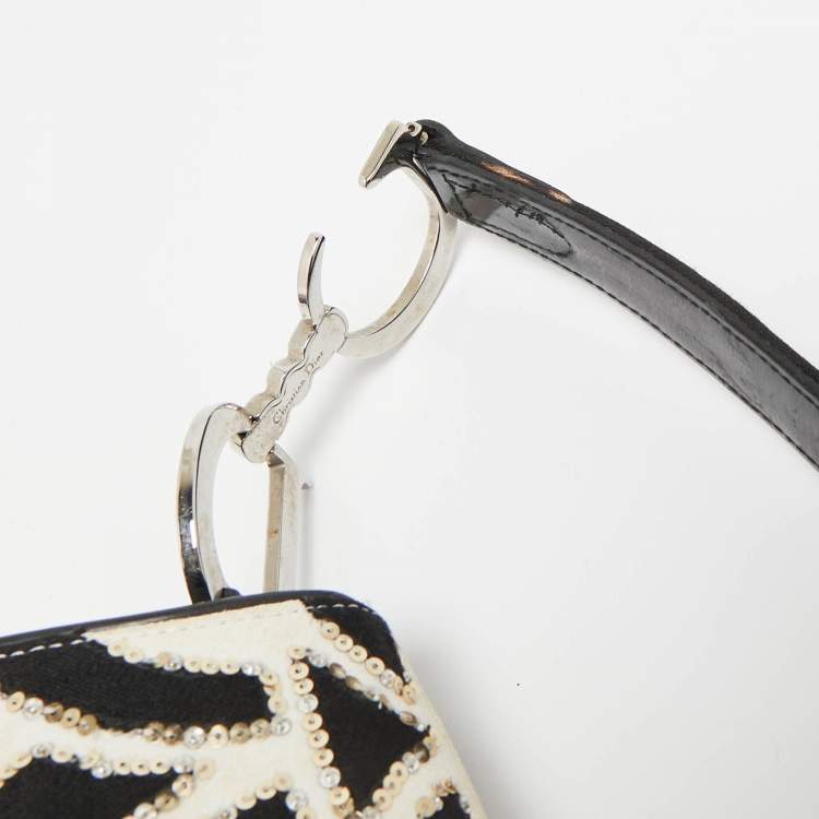 Pre Owned Dior Black/White Fabric and Sequins Saddle Bag