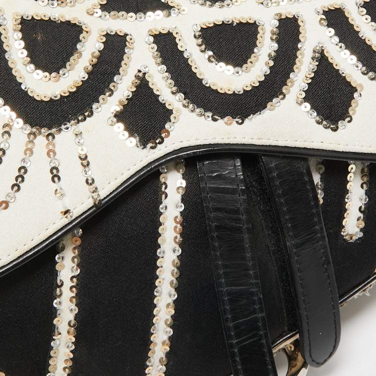 Pre Owned Dior Black/White Fabric and Sequins Saddle Bag
