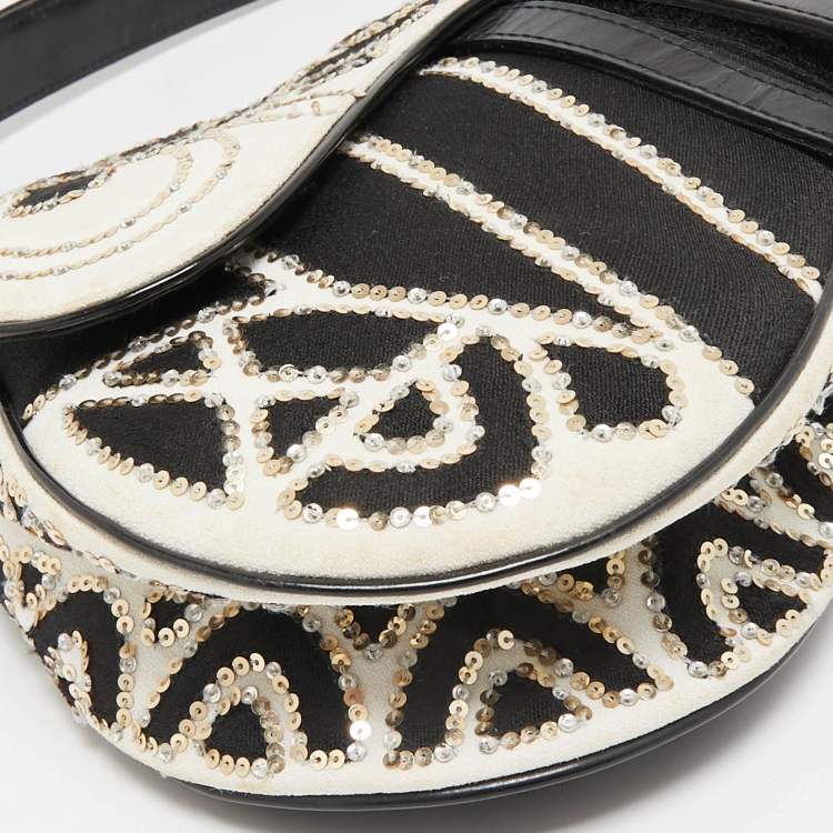 Pre Owned Dior Black/White Fabric and Sequins Saddle Bag