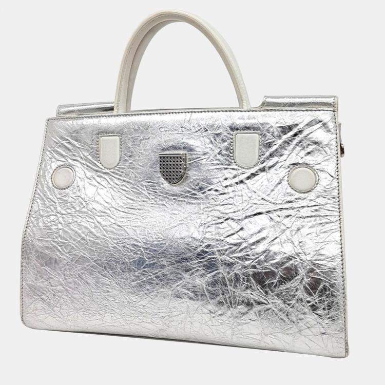Pre Owned Dior Silver Laminated Leather Medium Diorever Bag