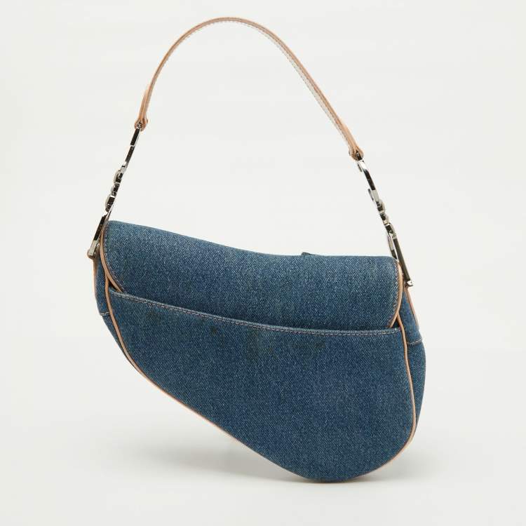 Pre Owned Dior Blue/Beige Denim and Leather Saddle Bag