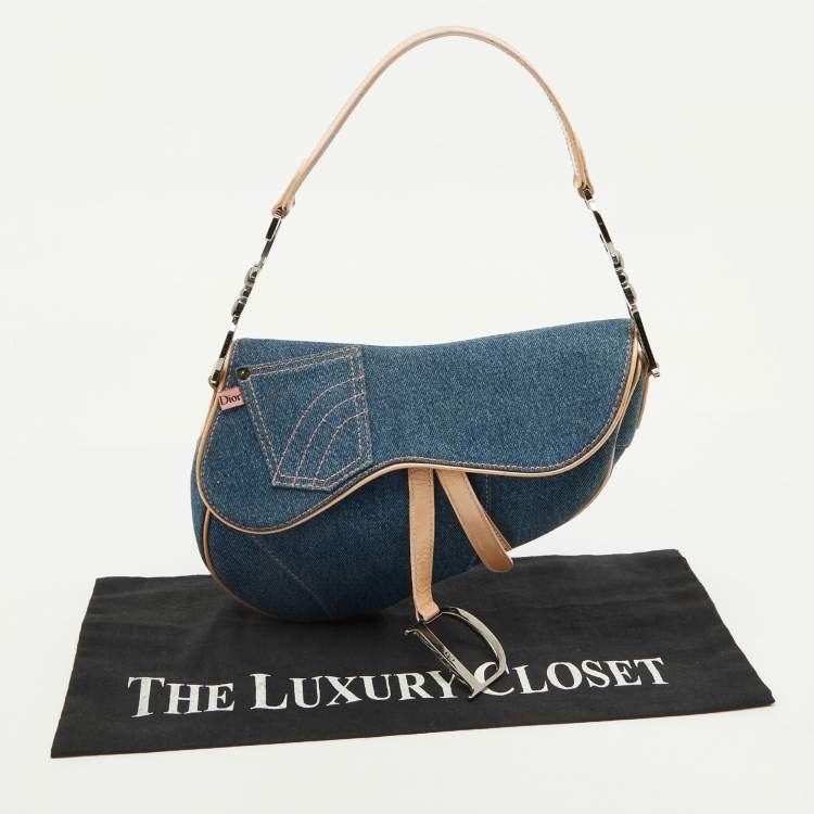 Pre Owned Dior Blue/Beige Denim and Leather Saddle Bag