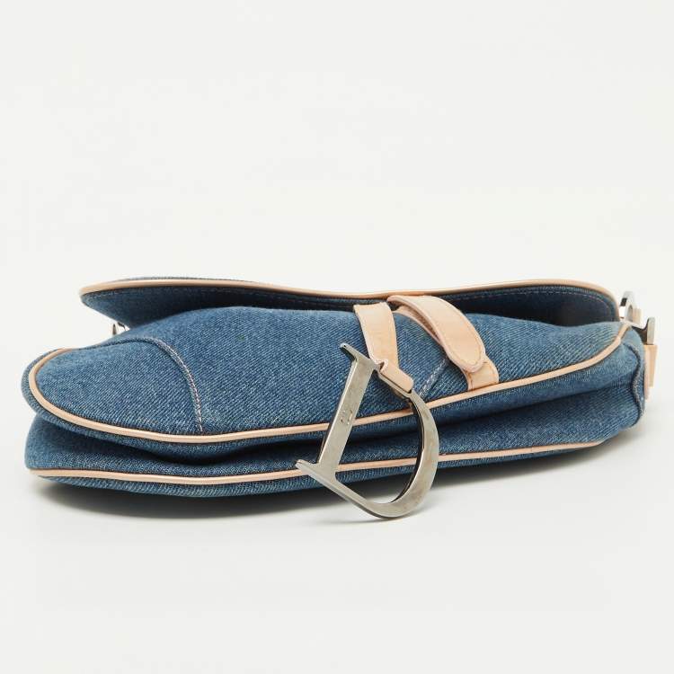 Pre Owned Dior Blue/Beige Denim and Leather Saddle Bag