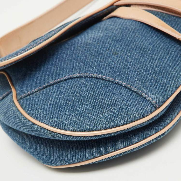 Pre Owned Dior Blue/Beige Denim and Leather Saddle Bag