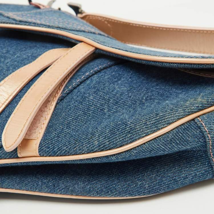 Pre Owned Dior Blue/Beige Denim and Leather Saddle Bag