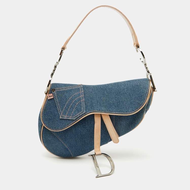 Pre Owned Dior Blue/Beige Denim and Leather Saddle Bag