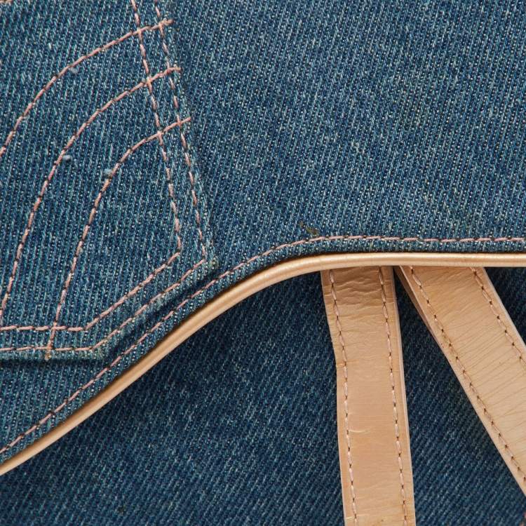 Pre Owned Dior Blue/Beige Denim and Leather Saddle Bag