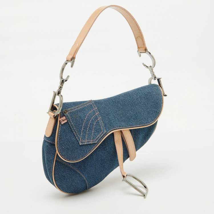 Pre Owned Dior Blue/Beige Denim and Leather Saddle Bag