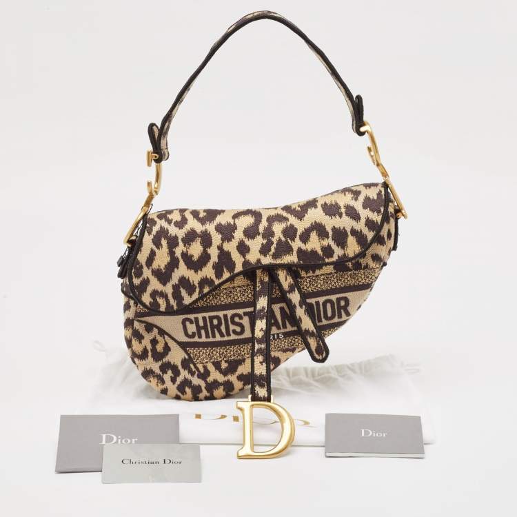 Pre Owned Dior Black/Cream Leopard Print Canvas Embroidered Saddle Bag
