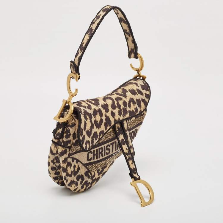 Pre Owned Dior Black/Cream Leopard Print Canvas Embroidered Saddle Bag