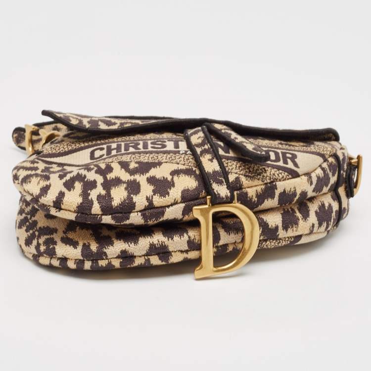Pre Owned Dior Black/Cream Leopard Print Canvas Embroidered Saddle Bag
