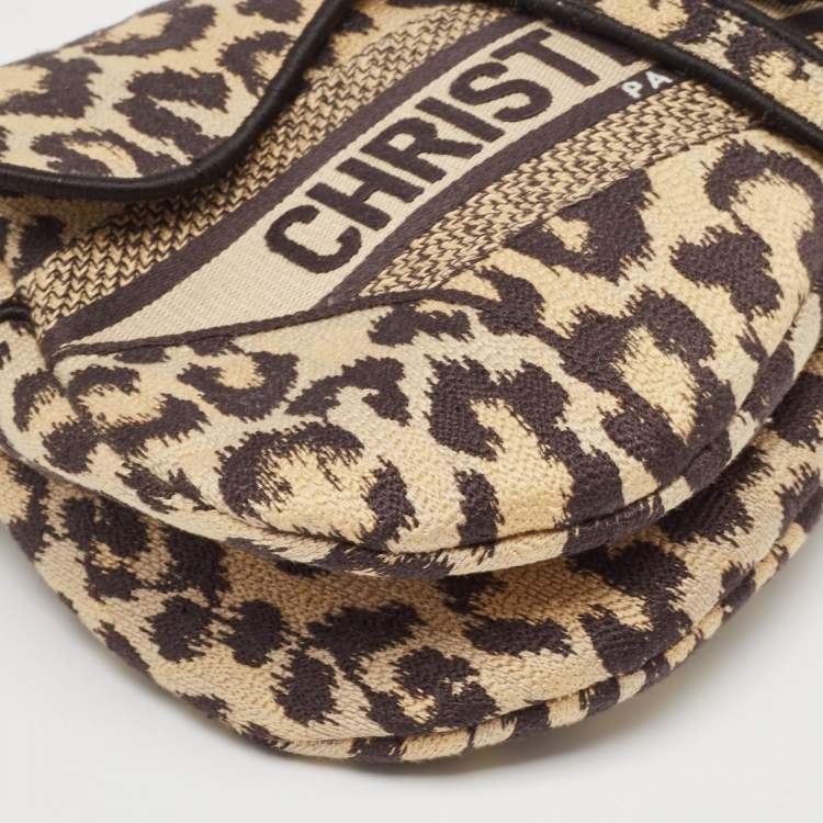 Pre Owned Dior Black/Cream Leopard Print Canvas Embroidered Saddle Bag