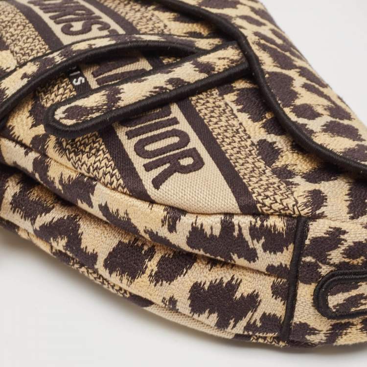 Pre Owned Dior Black/Cream Leopard Print Canvas Embroidered Saddle Bag
