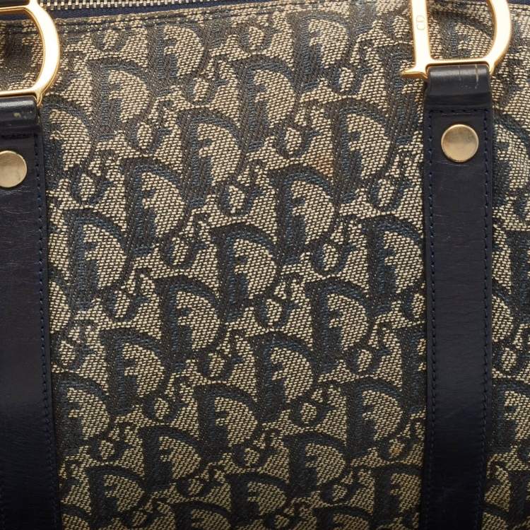 Pre Owned Dior Navy Blue Oblique Canvas and Leather Boston Bag