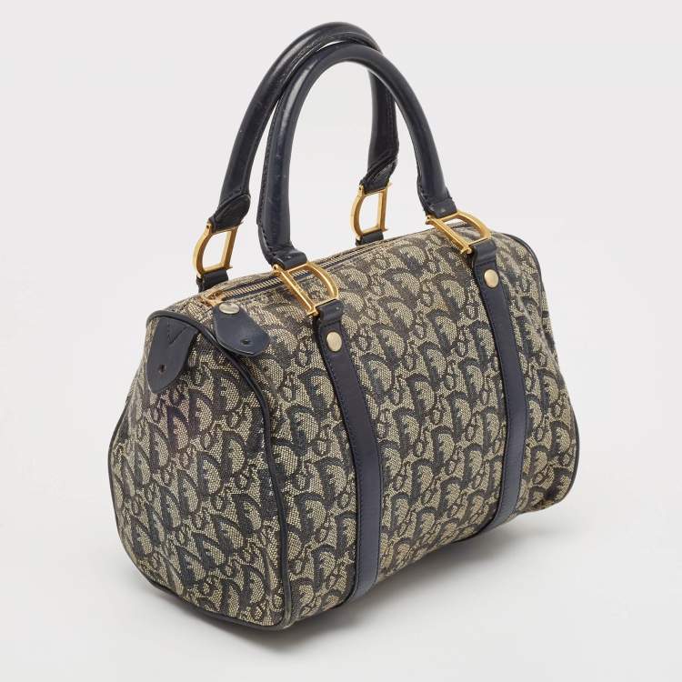 Pre Owned Dior Navy Blue Oblique Canvas and Leather Boston Bag