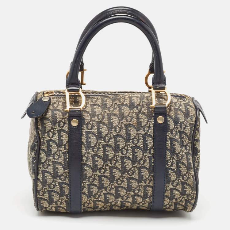 Pre Owned Dior Navy Blue Oblique Canvas and Leather Boston Bag