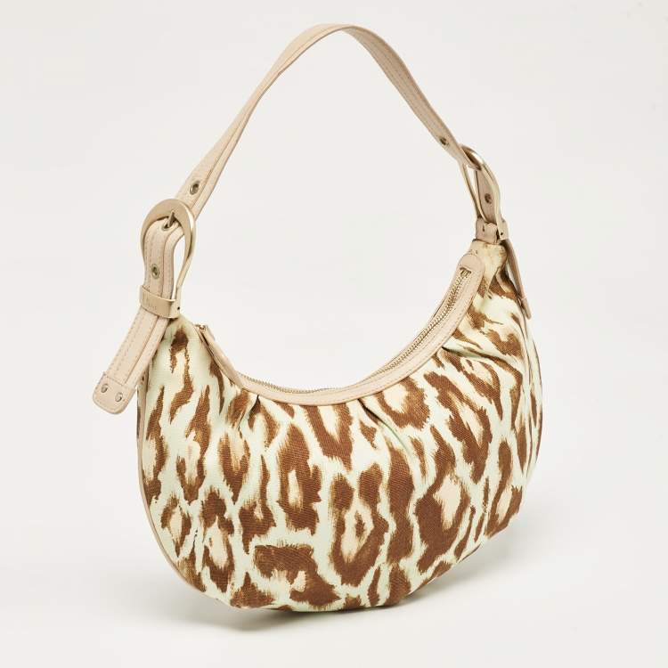 Pre Owned Dior Beige/Light Brown Leopard Print Canvas and Leather Buckle Handle Hobo