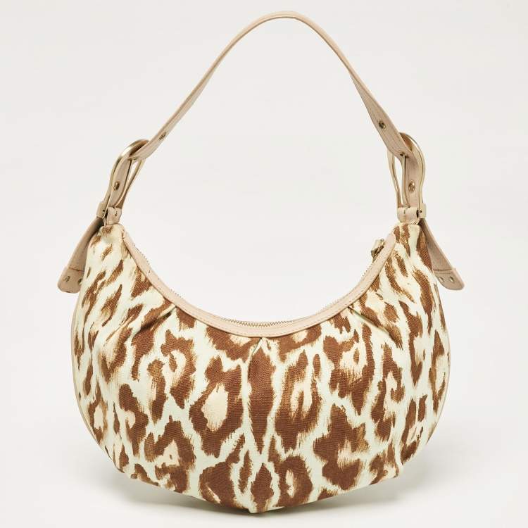 Pre Owned Dior Beige/Light Brown Leopard Print Canvas and Leather Buckle Handle Hobo