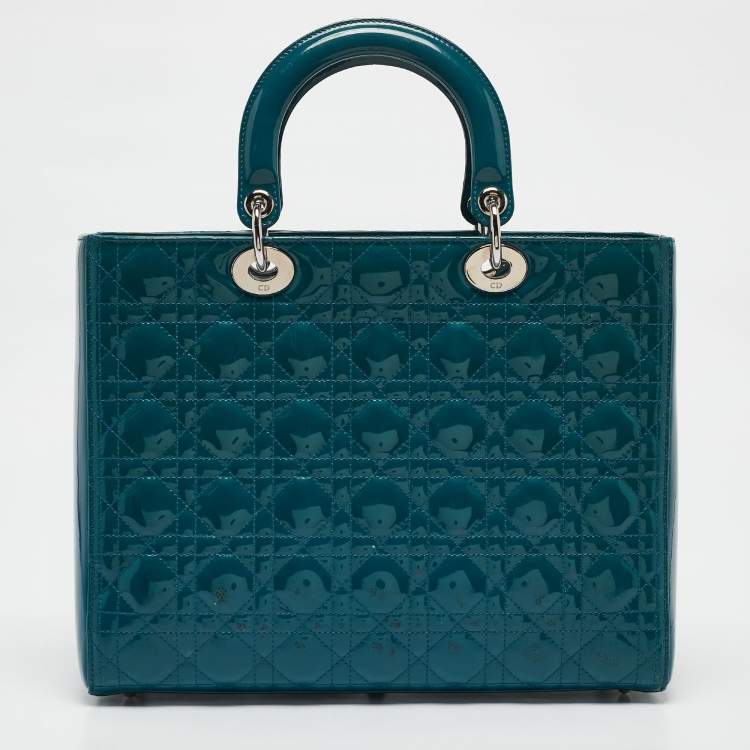 Pre Owned Dior Blue Cannage Patent Leather Large Lady Dior Tote