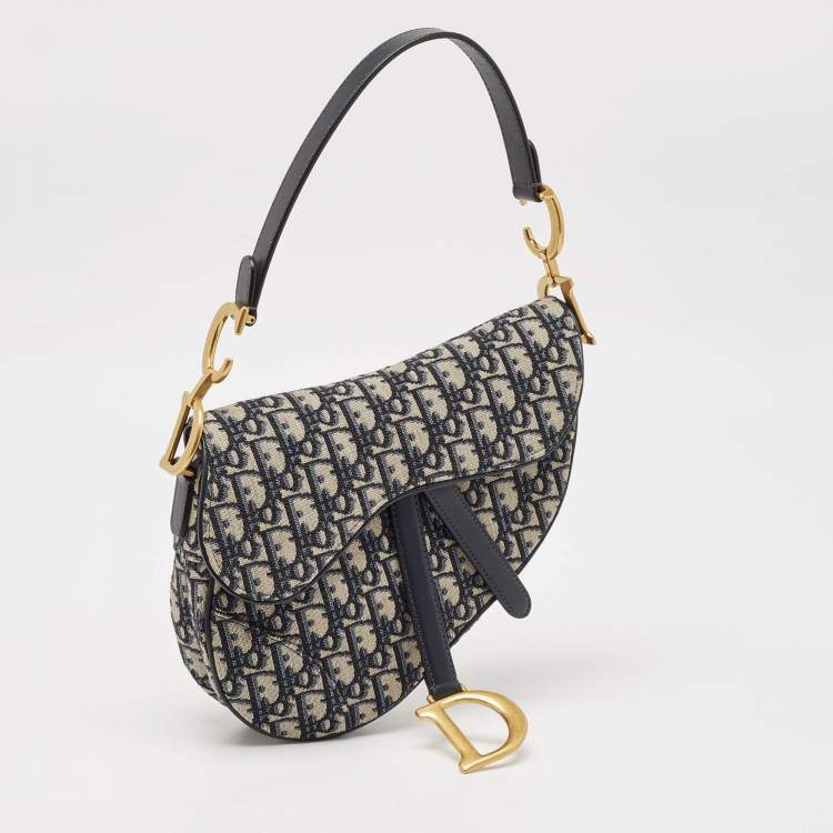 Pre Owned Dior Navy Blue Oblique Canvas and Leather Saddle Bag