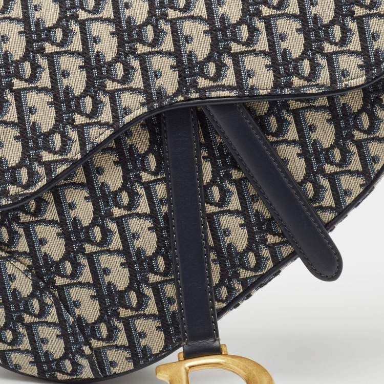 Pre Owned Dior Navy Blue Oblique Canvas and Leather Saddle Bag