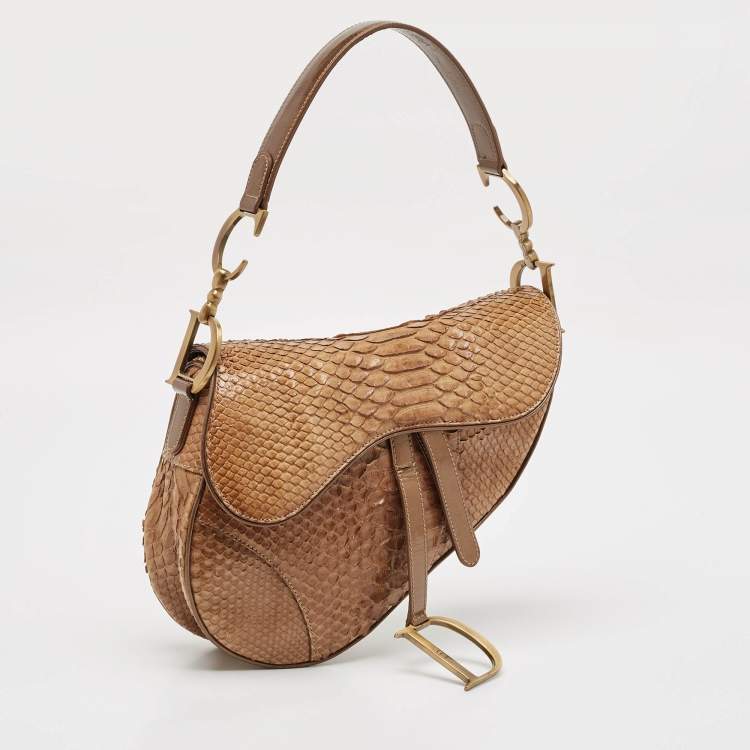 Pre Owned Dior Brown Glossy Python and Leather Saddle Bag