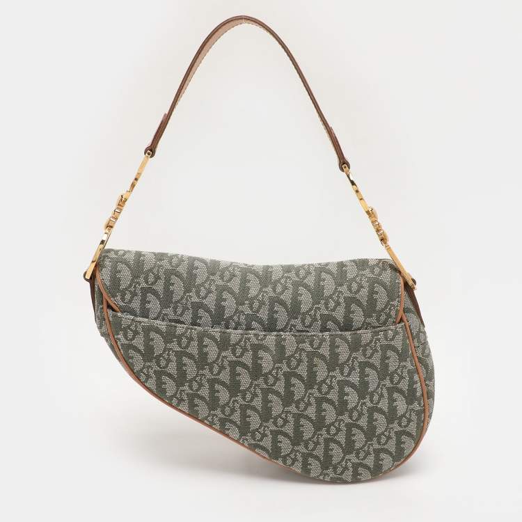 Pre Owned Dior Green/Tan Oblique Canvas Saddle Bag