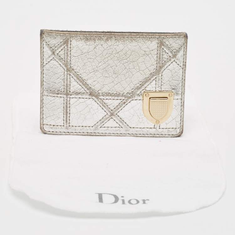 Pre Owned Dior Silver Crackled Patent Leather Diorama Card Holder 