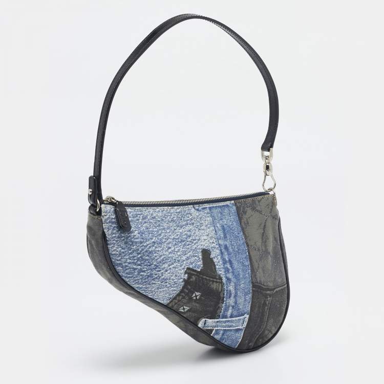 Pre Owned Dior Tricolor Denim Print Mini Saddle Bag