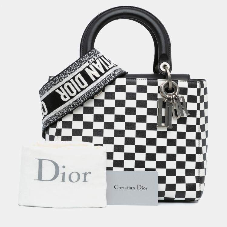 Pre Owned Dior Black White Leather Medium Checkered Lady Dior Tote Bag