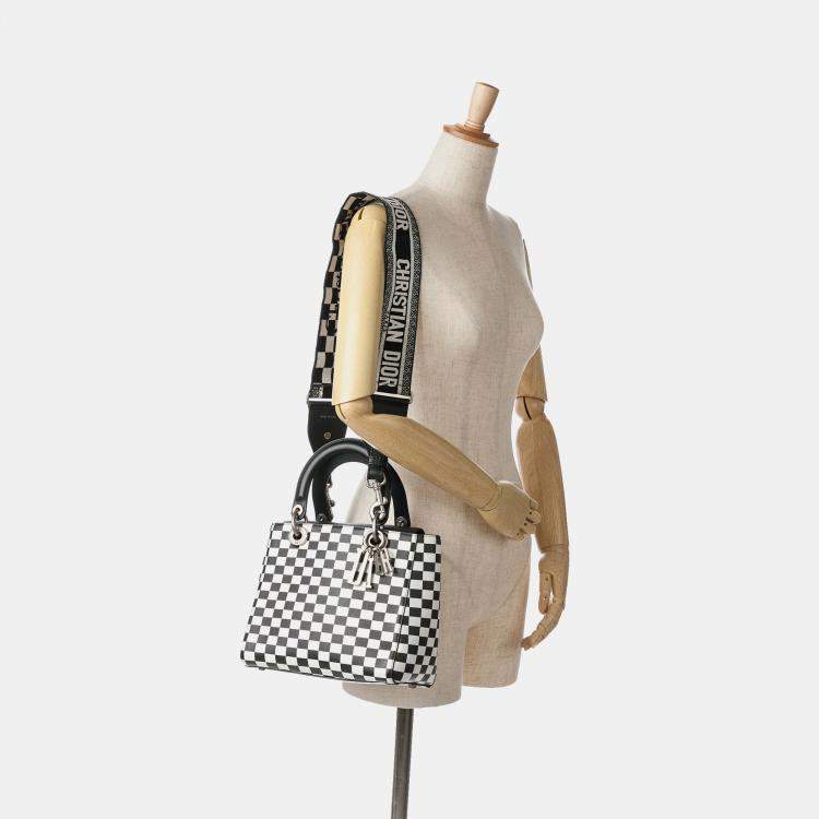 Pre Owned Dior Black White Leather Medium Checkered Lady Dior Tote Bag