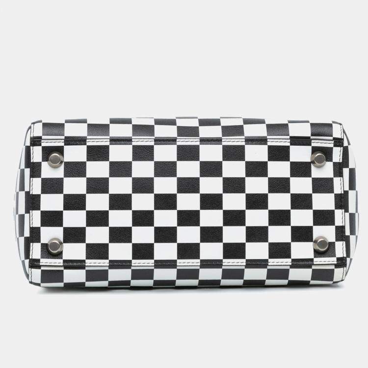 Pre Owned Dior Black White Leather Medium Checkered Lady Dior Tote Bag