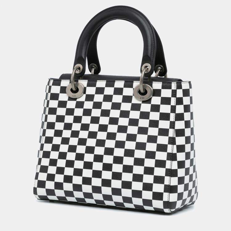 Pre Owned Dior Black White Leather Medium Checkered Lady Dior Tote Bag