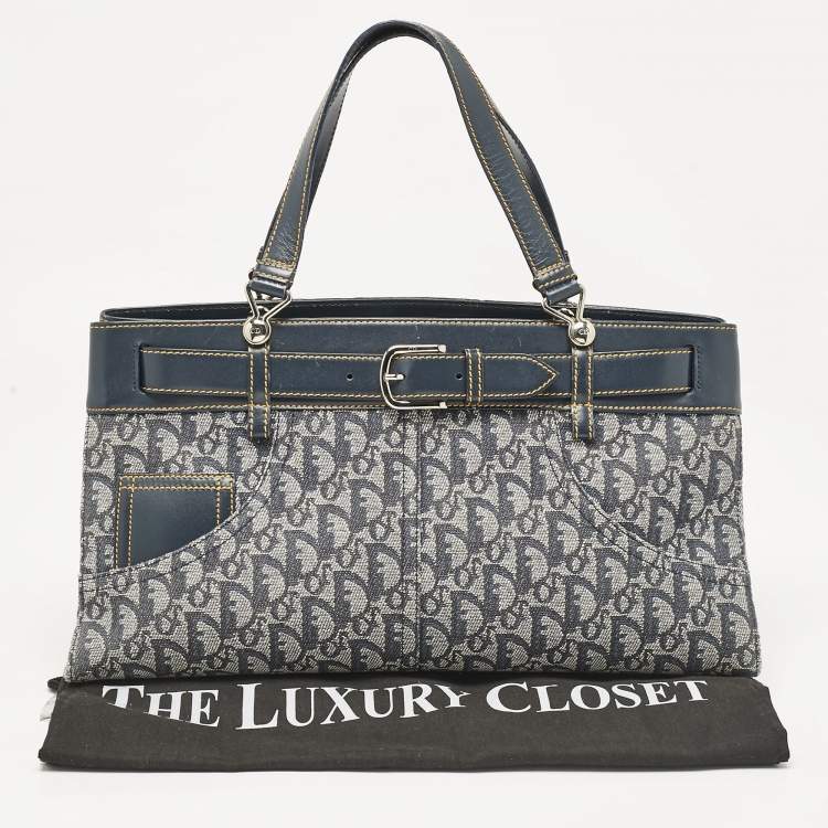 Pre Owned Dior Blue Oblique Canvas and Leather Jeans Pocket Tote