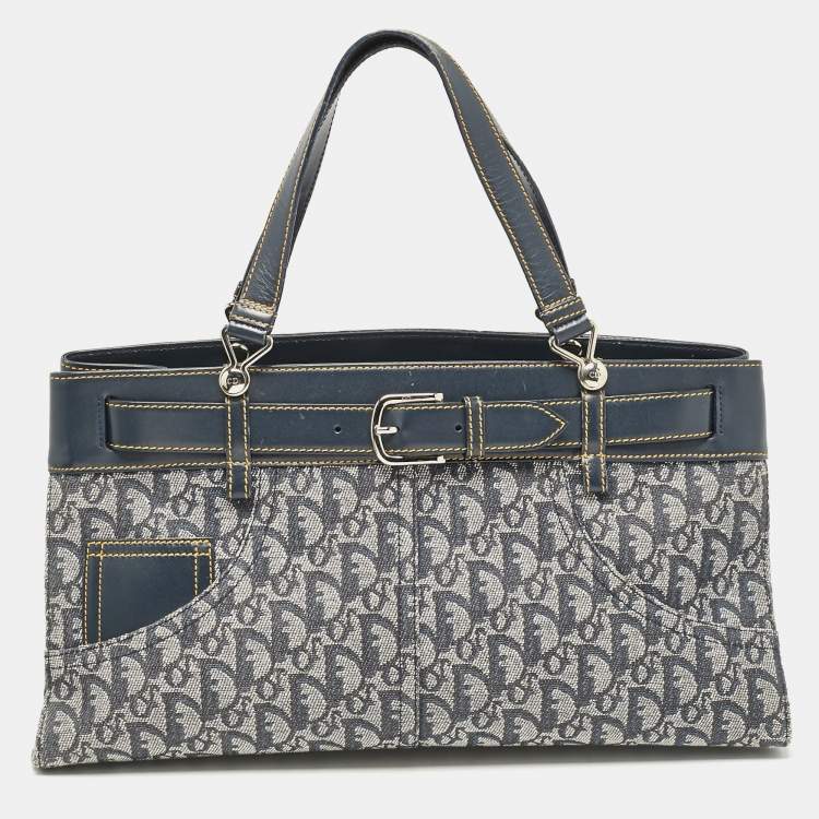 Pre Owned Dior Blue Oblique Canvas and Leather Jeans Pocket Tote