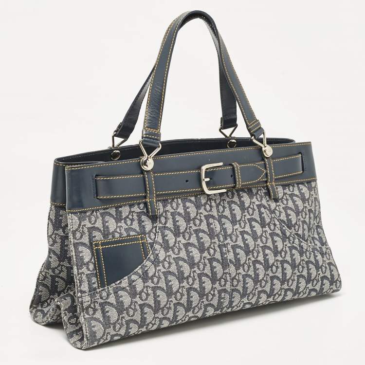 Pre Owned Dior Blue Oblique Canvas and Leather Jeans Pocket Tote