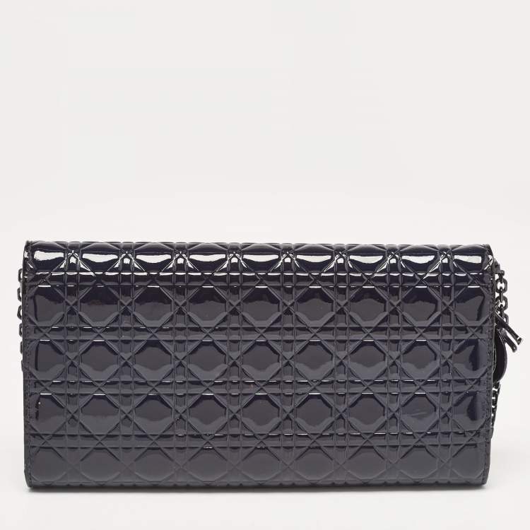 Pre Owned Dior Navy Blue Micro Cannage Patent Leather Lady Dior Chain Clutch